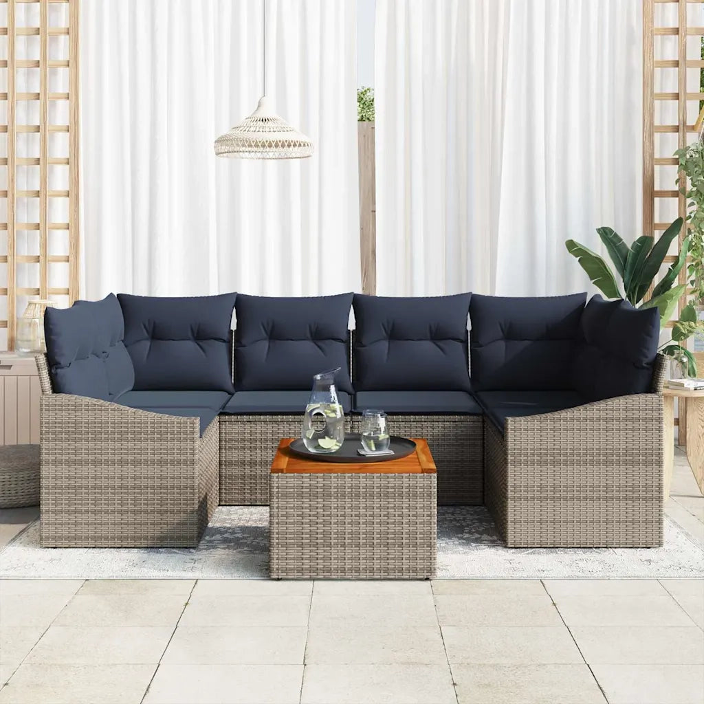 Set Divano da Giardino 7 pcs Grigio e Blu Navy polyrattan