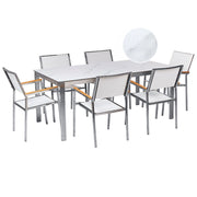 Set da giardino con 4 posti in acciaio inox con tavolo piano in vetro effetto marmo e Sedie in tessuto bianco esterno moderno set elegante