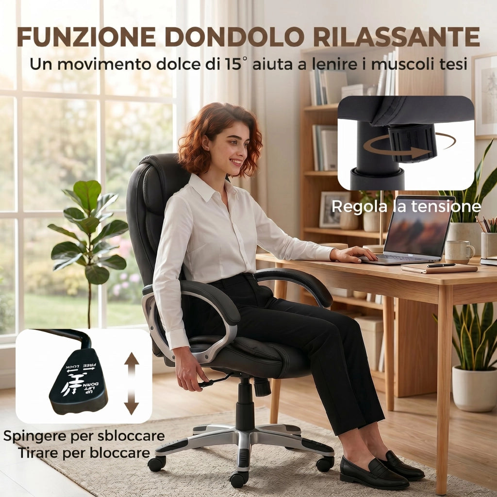Sedia Ufficio Ergonomica Girevole in Pelle ¨C Zephmum ¨C Nero, Altezza Regolabile