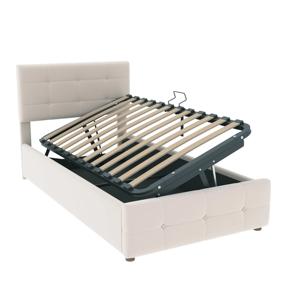 Letto per bambini imbottito con contenitore idraulico e testiera regolabile; velluto beige; 90x200 cm; senza materasso