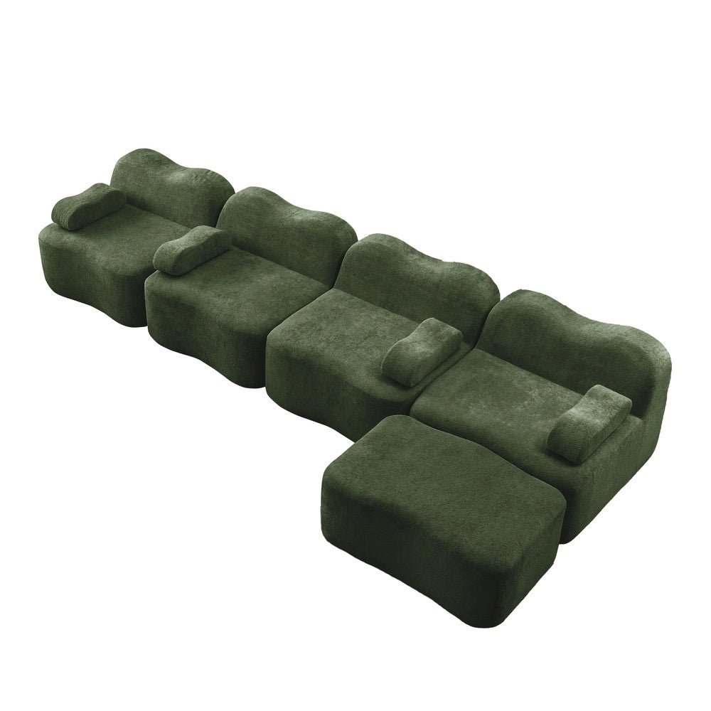 Divano Angolare Modulare 4 Posti con Ottoman ¨C Xylo ¨C Tessuto Verde, Cuscini Braccioli Mobili