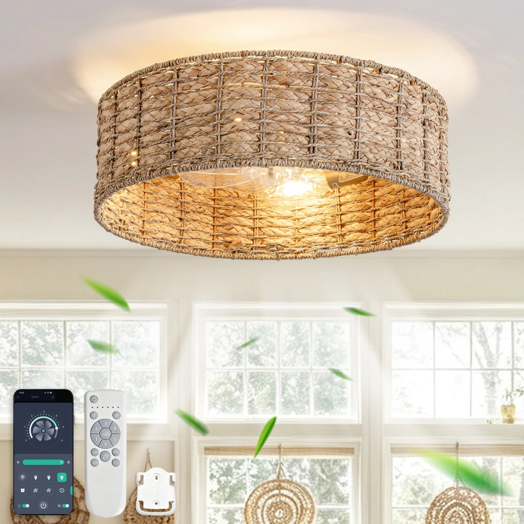 Ventilatore da soffitto 19 pollici con luce, rattan naturale, doppio controllo app e telecomando, 6 velocit¨¤ reversibili, design naturale