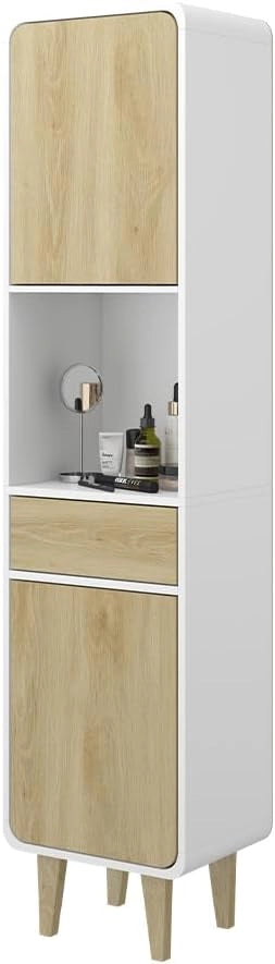 Mobili da bagno Arla, Bianco/quercia, 40 x 161 cm, adatto per la conservazione di articoli da bagno e asciugamani