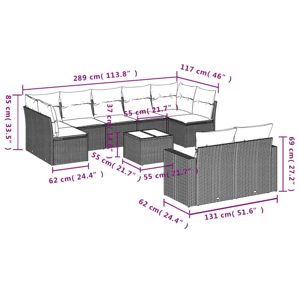 Set Divani da Giardino 10pz con Cuscini in Polyrattan Marrone 3251770