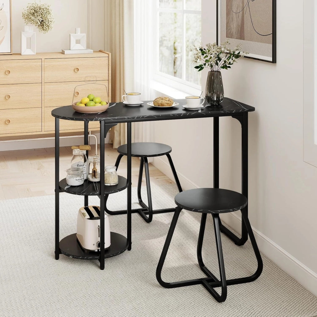 Set da Pranzo Industriale 3 Pezzi, Tavolo da Cucina in Legno con 2 Sgabelli e Ripiani Portaoggetti, Set da Pranzo Salvaspazio per Appartamenti, Cucina e Soggiorno (Nero)