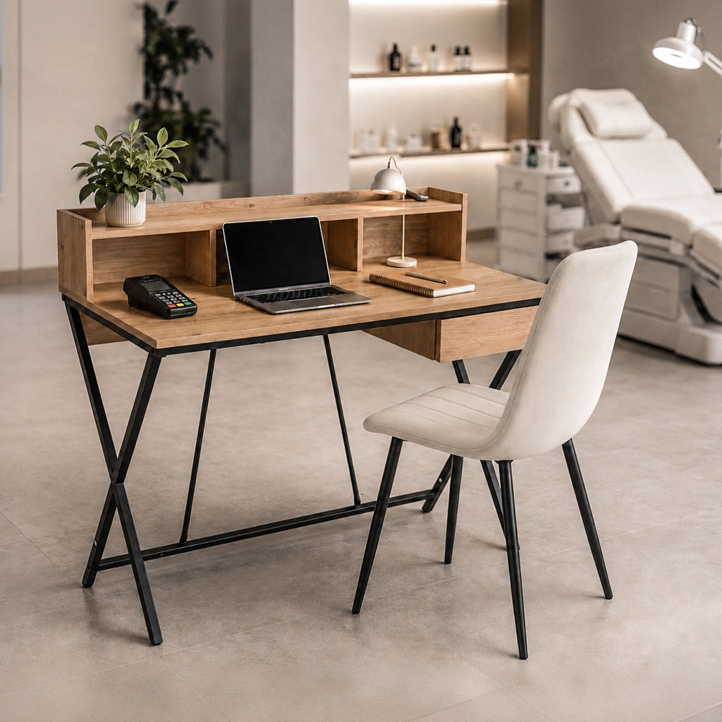 Scrivania PC industriale Rovere Artisan FLEXO 100 cm 1 cassetto 1 ripiano gambe nere