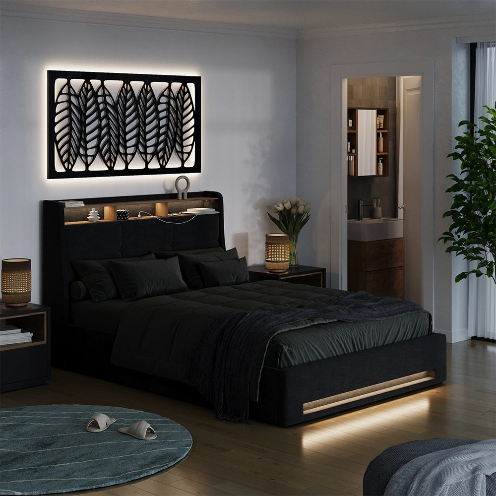 Vitalispa Letto imbottito Antracite/quercia con materasso, LED e connessione USB
