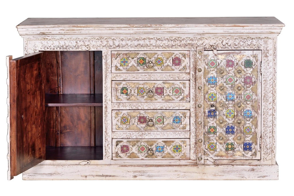 Credenza in legno di mango con dettagli in ceramica e bronzo