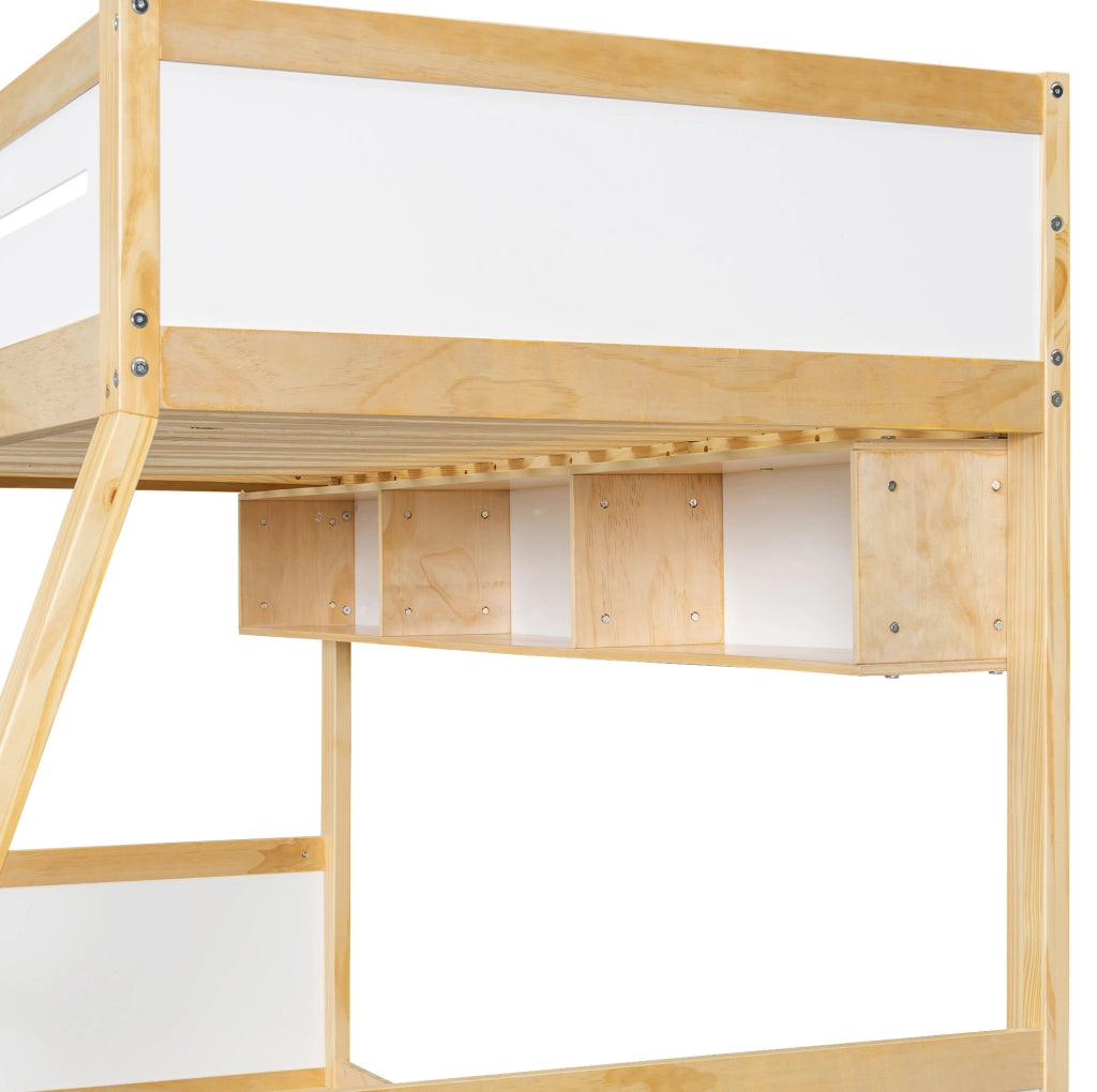 Letto a castello bambini 90x200 cm e 120x200 cm con cassetti e libreria in legno; MDF e compensato bianco e naturale