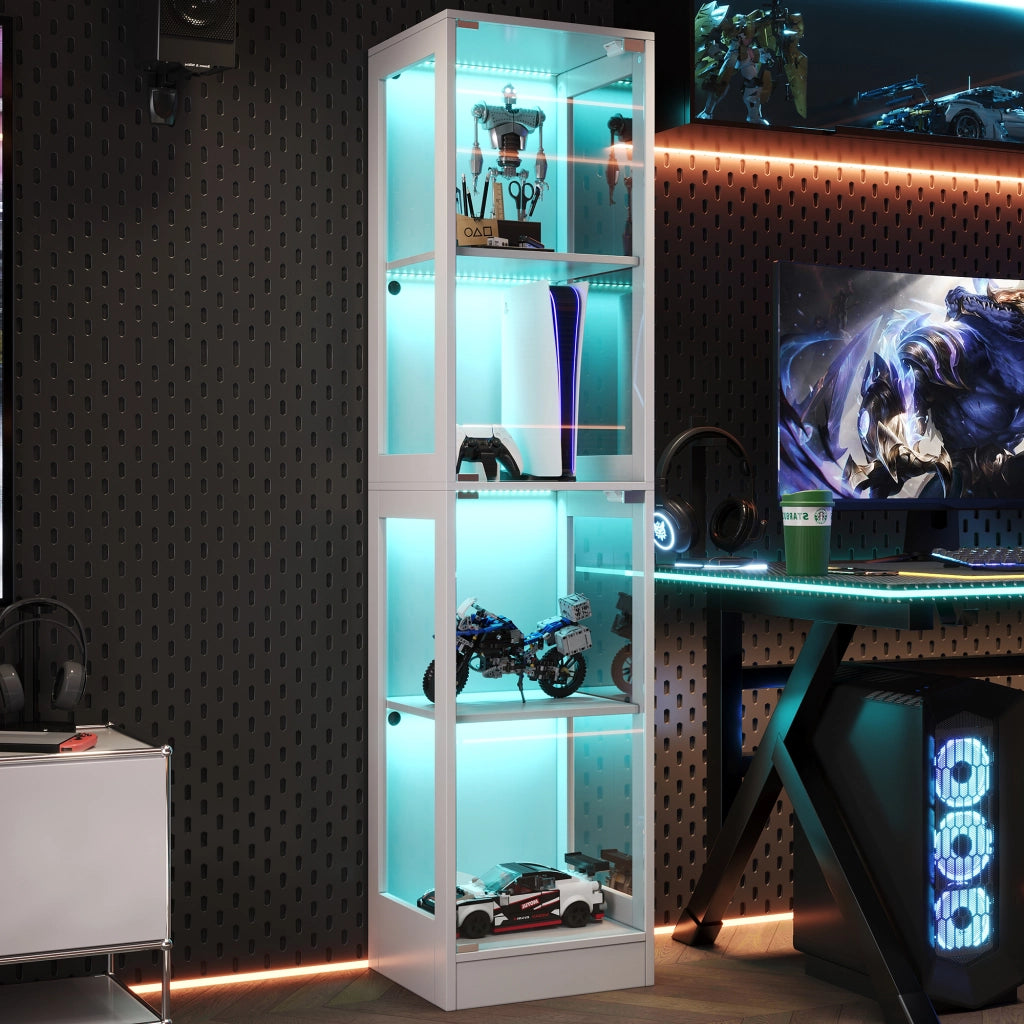 Vetrina Espositiva a LED con Vetro Temperato ¨C MINIMAL ¨C Bianco, 4 Ripiani, 40x35x170 cm