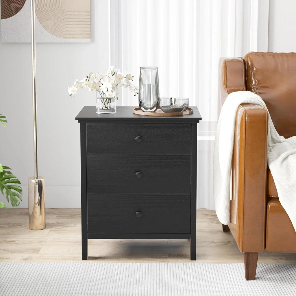 Comodino Camera da Letto con 3 Cassetti, Cassettiera Piccola in Legno, Tavolino da Caffè Elegante per Soggiorno, Ufficio, Studio, 56 x 45 x 66 cm (Nero)