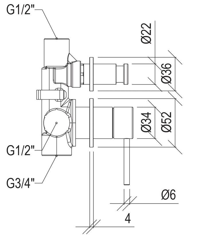 Miscelatore Rubinetto Monocomando per Doccia da Incasso con Deviatore Rame Tevere