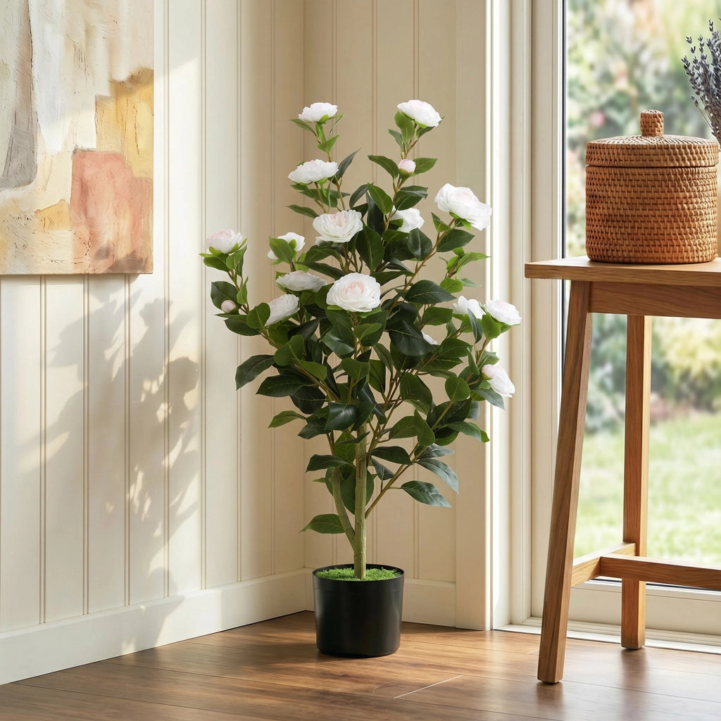 Pianta Finta Camelia con Fiori Realistici e Vaso ¨C zephmum ¨C Bianco Vaso Nero 176 Foglie