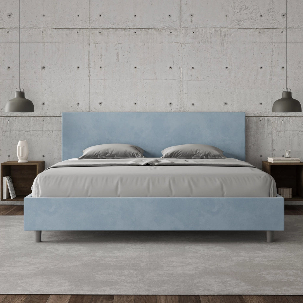 BS COM Letto matrimoniale king size senza rete imbottito 200x200 microfibra azzurro