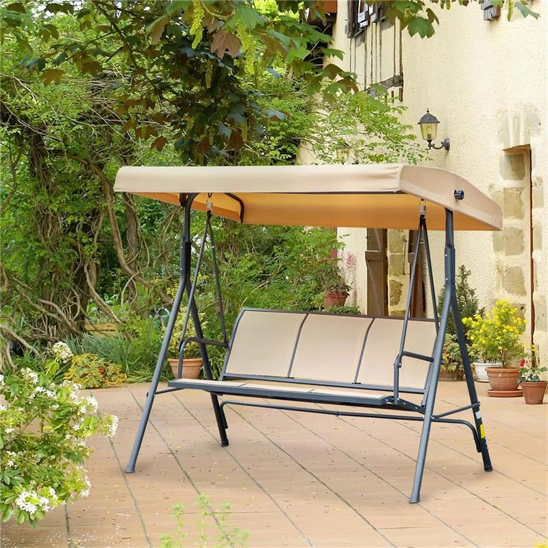 DONDOLO DA GIARDINO A 3 POSTI CON TETTUCCIO, SEDUTA TRASPIRANTE E TELAIO IN ACCIAIO, BEIGE