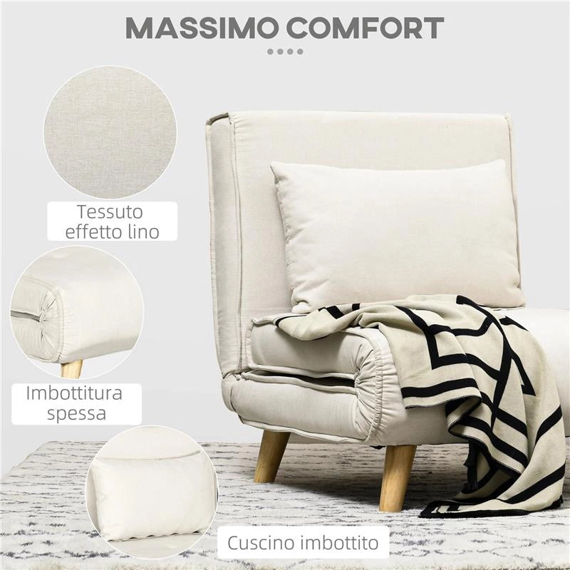 POLTRONA LETTO 2 IN 1 CON SCHIENALE REGOLABILE E CUSCINO, IN TESSUTO EFFETTO LINO, 72X78X79CM