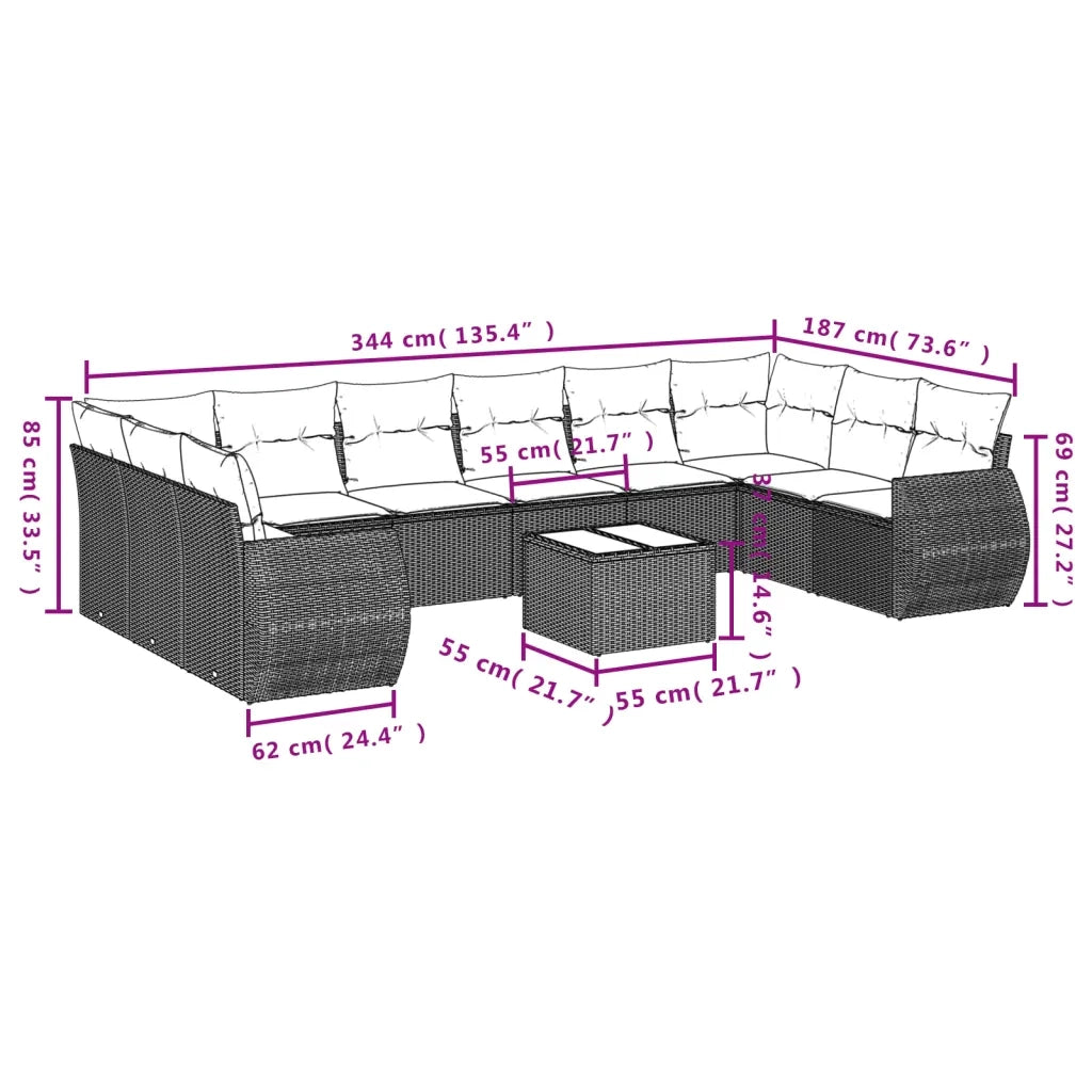 Set Divano Giardino 10 pz con Cuscini Grigio Chiaro Polyrattan