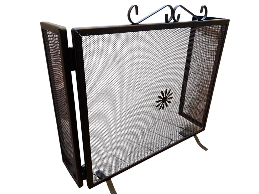 Parascintille per Camino in Ferro Battuto, Artigianale, Nero, con 2 Ante Laterali, Stile Classico, Protezione per Caminetto (61cm + (16cm x 2 antine)60cm h)