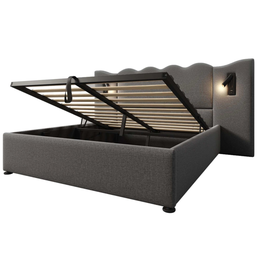 Letto 160x200 cm con lampada da lettura; contenitore e USB-C in lino grigio