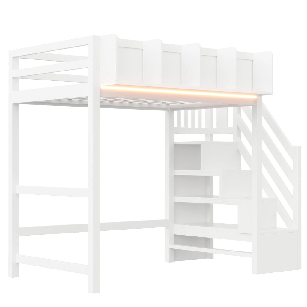 Letto a soppalco multifunzionale 90 x 200 cm in legno con LED; scala e vani portaoggetti; bianco