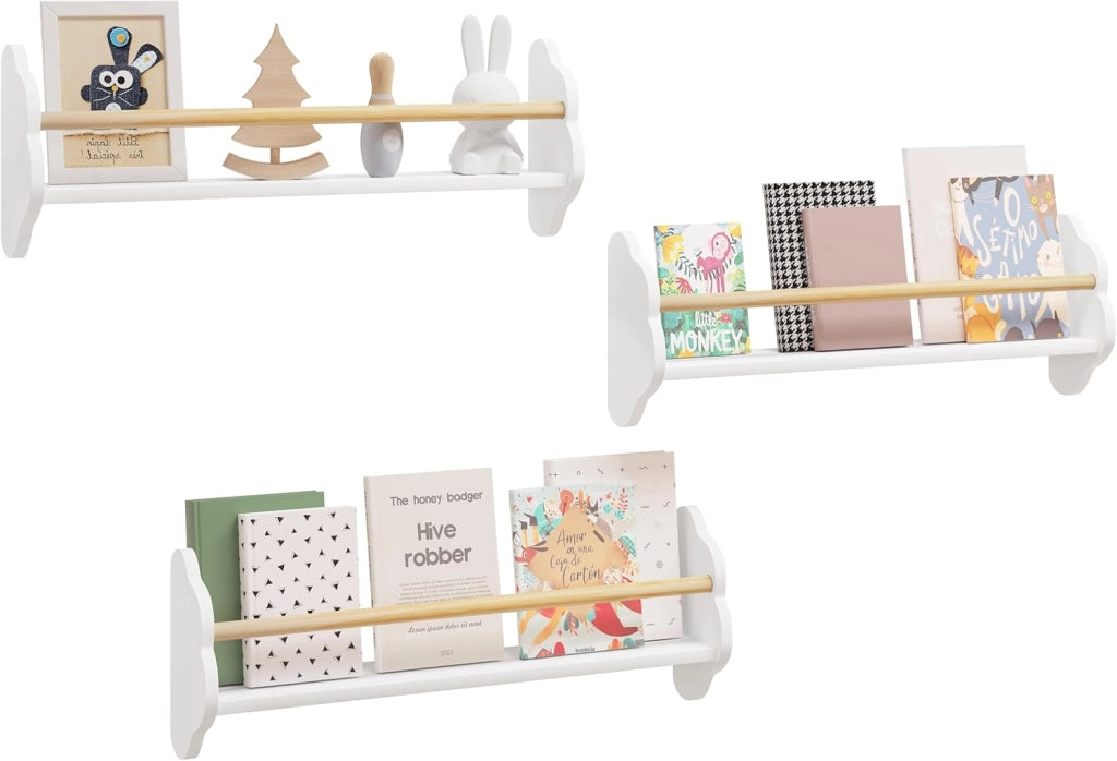 Libreria da Parete per Bambini, 3 Mensole per Cameretta, Porta Libri e Giocattoli, Libreria Sospesa in Pino e MDF, Bianco