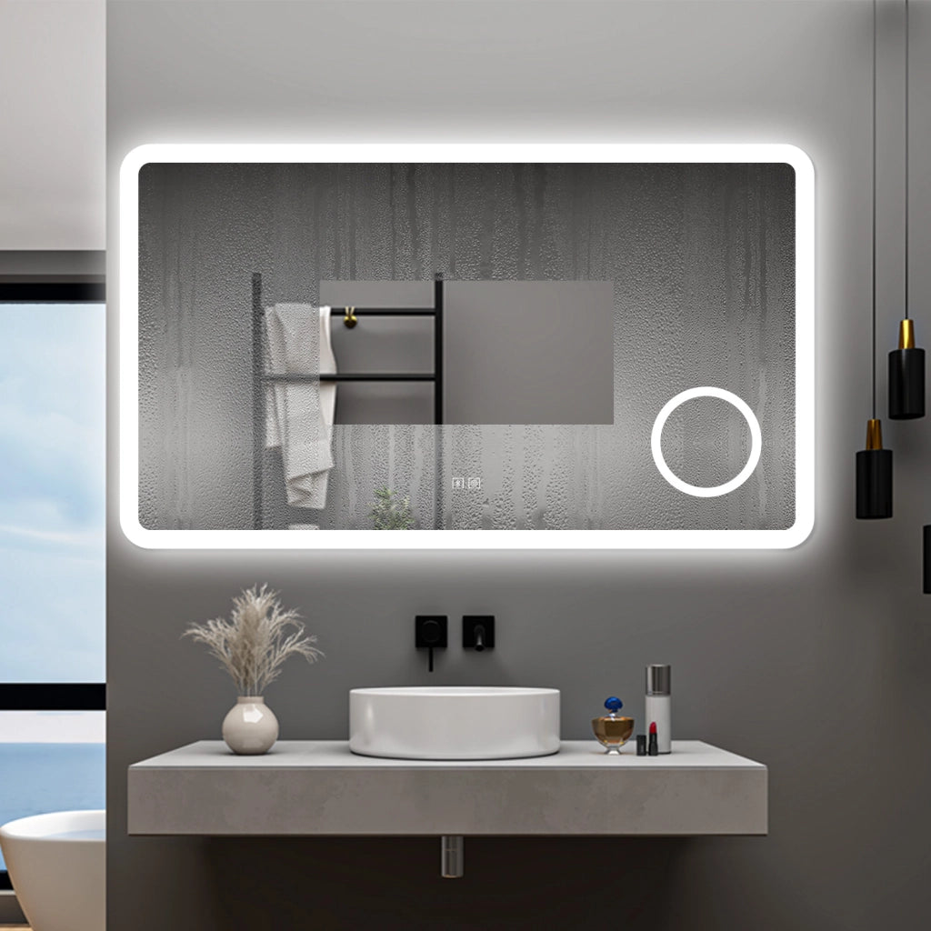 AICA Specchio da bagno  120 x 70 cm, dimmerabile, Blue tooth, Funzione Memoria, antiappannamento, 3 colori, Magnificatore