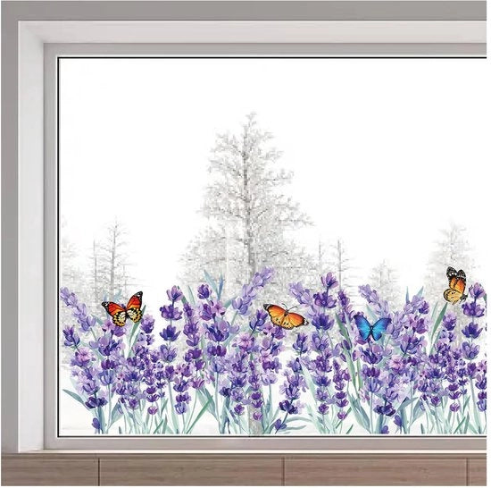 Tappeti adesivi per finestre grandi 116x38cm, a doppia faccia, trasparenti, statici, fiori viola, erba, farfalle, non adesivi, per porte scorrevoli, resistente all'impatto