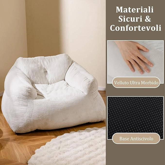 Pouf Poltrona Sacco, Divano Pigro di Peluche con Rivestimento in Velluto Morbido e Fondo Antiscivolo, Divano da Pavimento Imbottito per Soggiorno, 129 x 111 x 69 cm