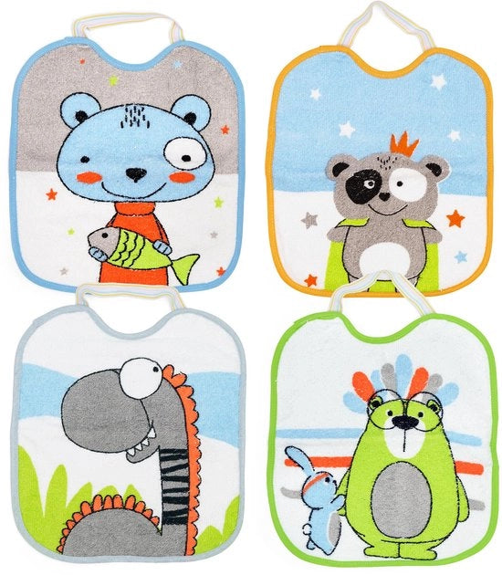 Set di 4 asciugamani per bambini impermeabili, 23x28 cm, con chiusura elastica per bambini di 6-18 mesi, imbottitura 73% cotone - 27% vinile poliestere