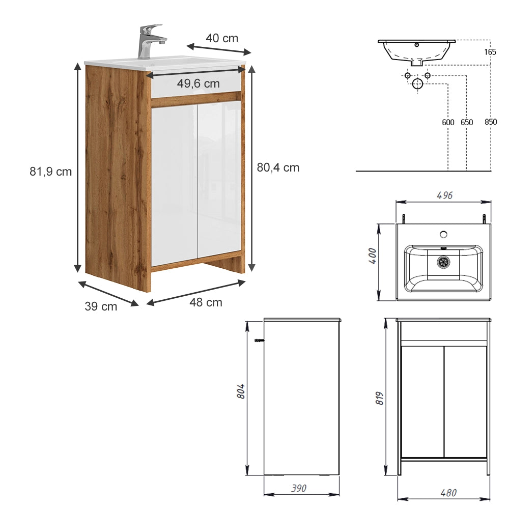 Vicco Set mobili bagno Quercia dorata 2 parti, con lavabo e 2 ante a battente