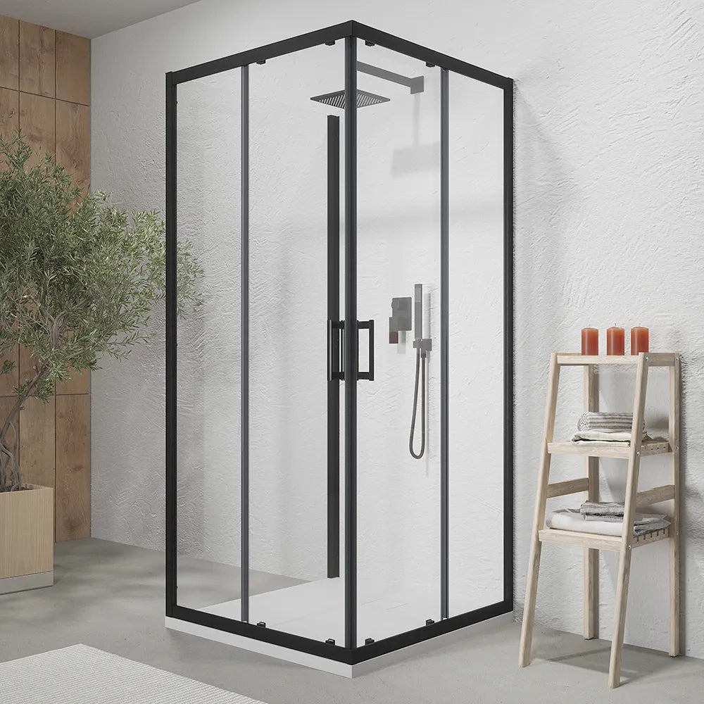 Box doccia nero opaco 3 lati 70x90x70 cm con doppio scorrevole h190 cm e vetro trasparente 6 mm | Tremiti