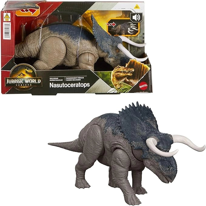 Jurassic World La Rinascinta Nasutoceratopo Ruggito Selvaggio, dinosauro giocattolo con attacco multidirezionale azionat