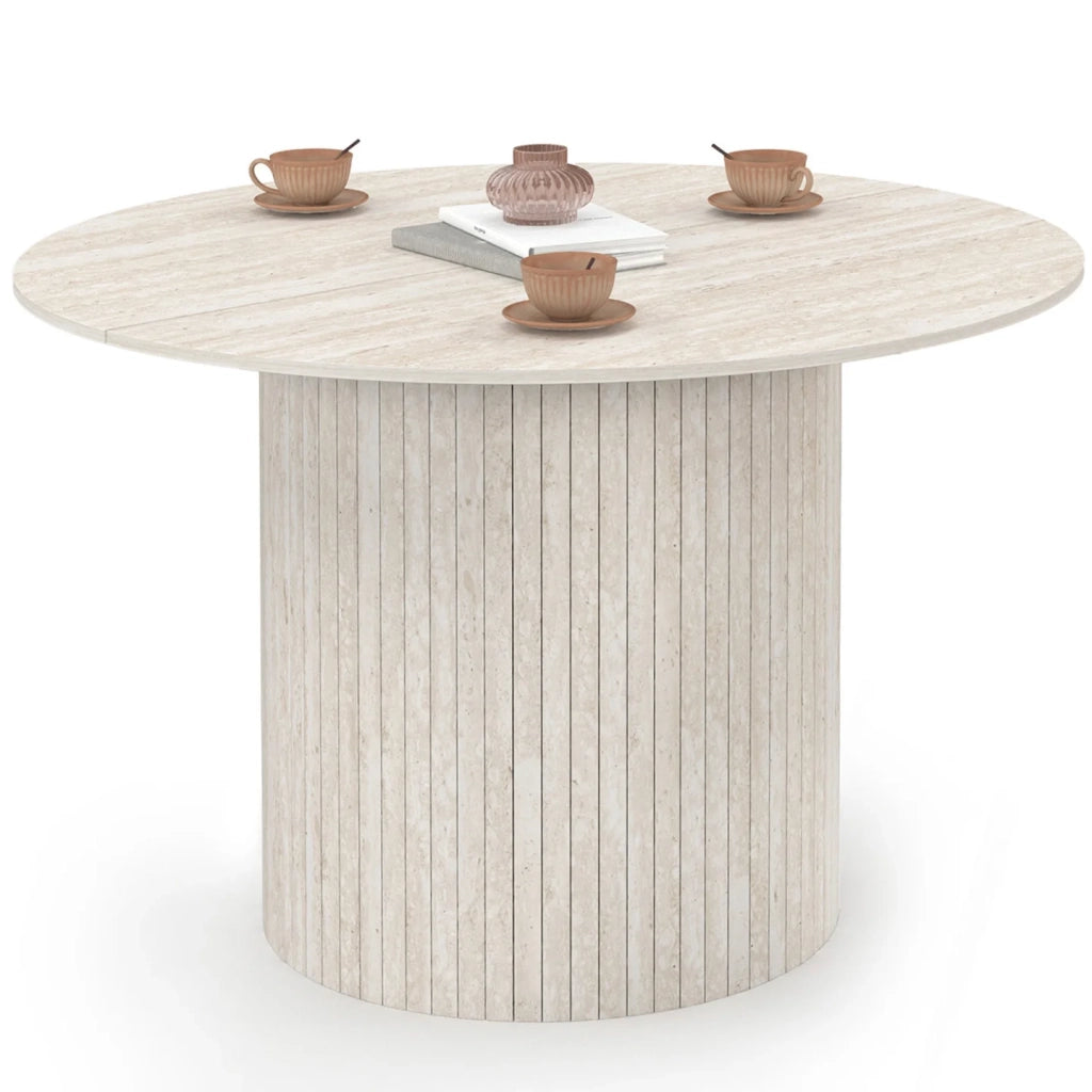 IDMarket - Tavolo da pranzo rotondo per 6 persone JULIETTE con gamba centrale a doghe in stile travertino 110 cm