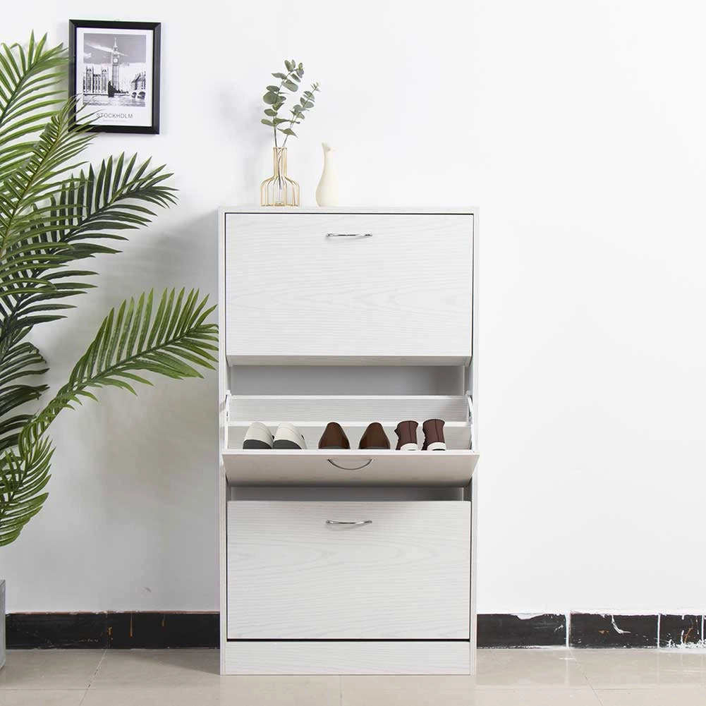 Scarpiera 3 Ante Ripiani Doppia Profondita Legno MDF 63x24x115 Bianco Frassinato