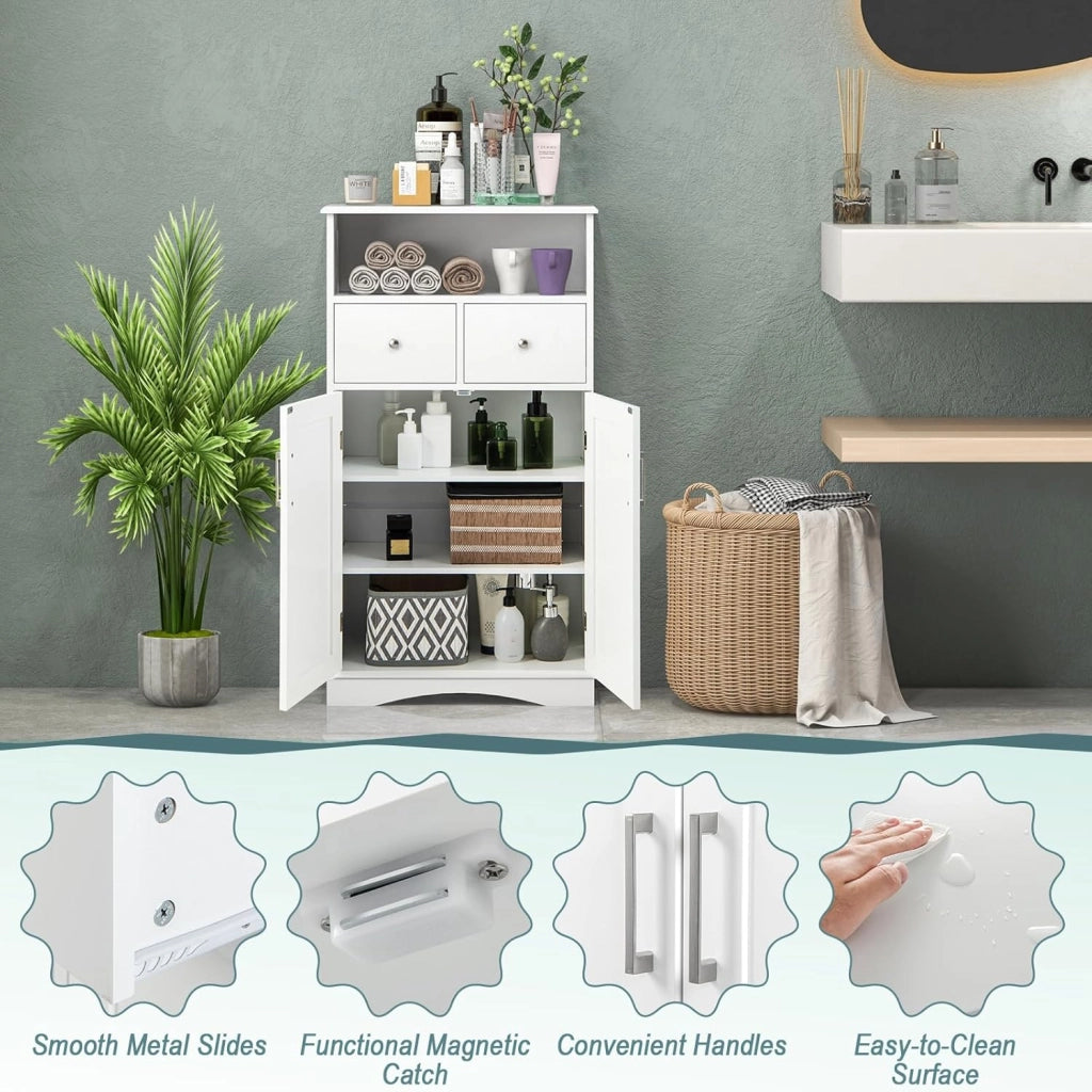 Armadietto da Bagno in MDF con Ripiani Regolabili, Mobiletto da Terra con 2 Ante e 2 Cassetti, Armadio Multifunzionale per Bagno, Soggiorno, Cucina, Bianco 60 x 30 x 108 cm (Bianco)