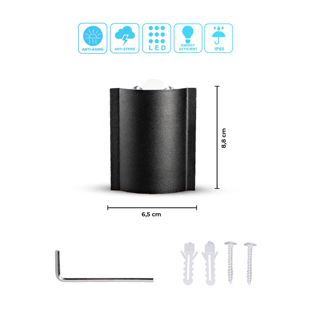 Set 2 Applique LED da Parete 2 LED Design Curvo Compatto IP65 Interno/Esterno Luce Naturale o Fredda Nero o Bianco Luce Fredda - Nero