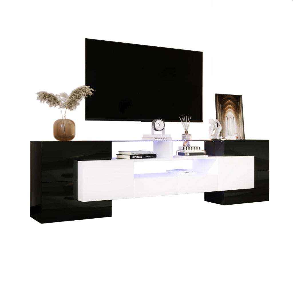 Mobile TV 200x35x60 cm Bianco Nero Lucido con LED App, 4 Ante, 2 Cassetti e 3 Vani