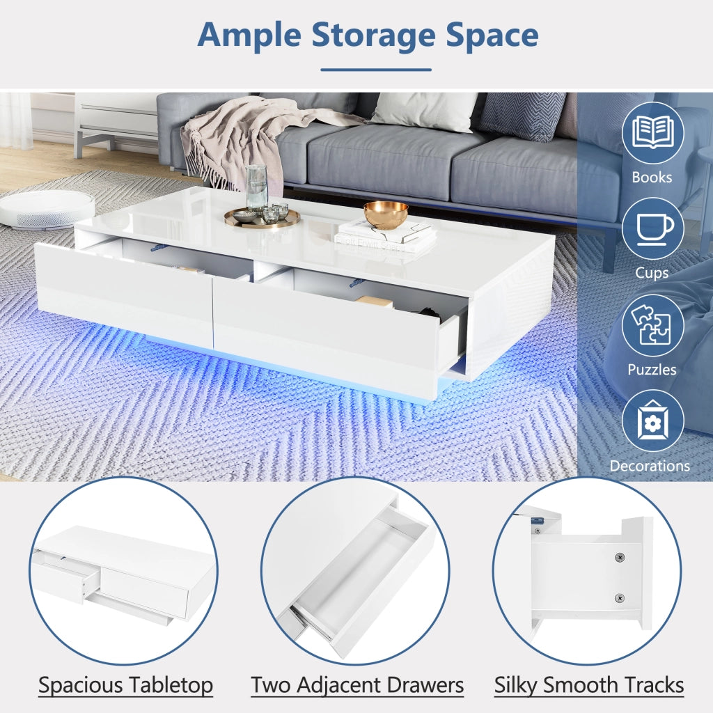 Tavolino da caffè rettangolare con 2 cassetti e LED, stile moderno, in truciolare, bianco, 115 × 55 × 34 cm