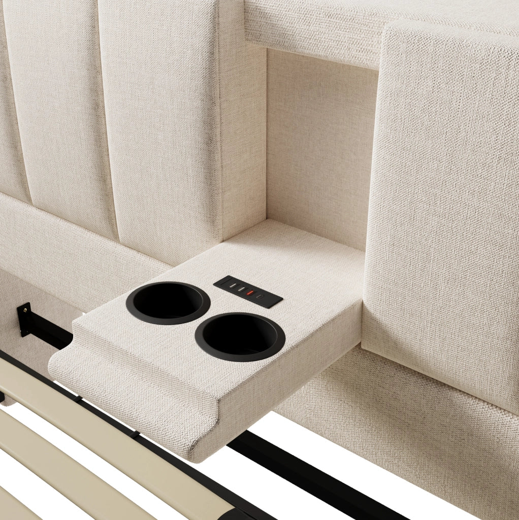 Letto imbottito beige 140x200 cm con vano contenitore, ricarica USB-C e portabicchieri