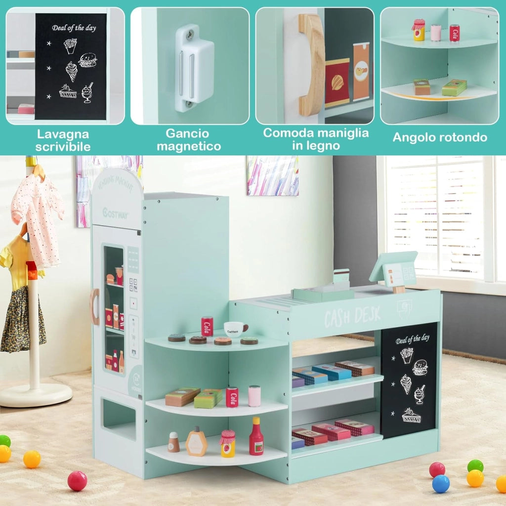 Negozio Alimentare per Bambini, Set di Giocattoli Supermercato in Legno con Cassa, Macchina POS, Distributore Automatico, Lavagna Scrivibile, per Bambini 3-8 Anni (Verde)