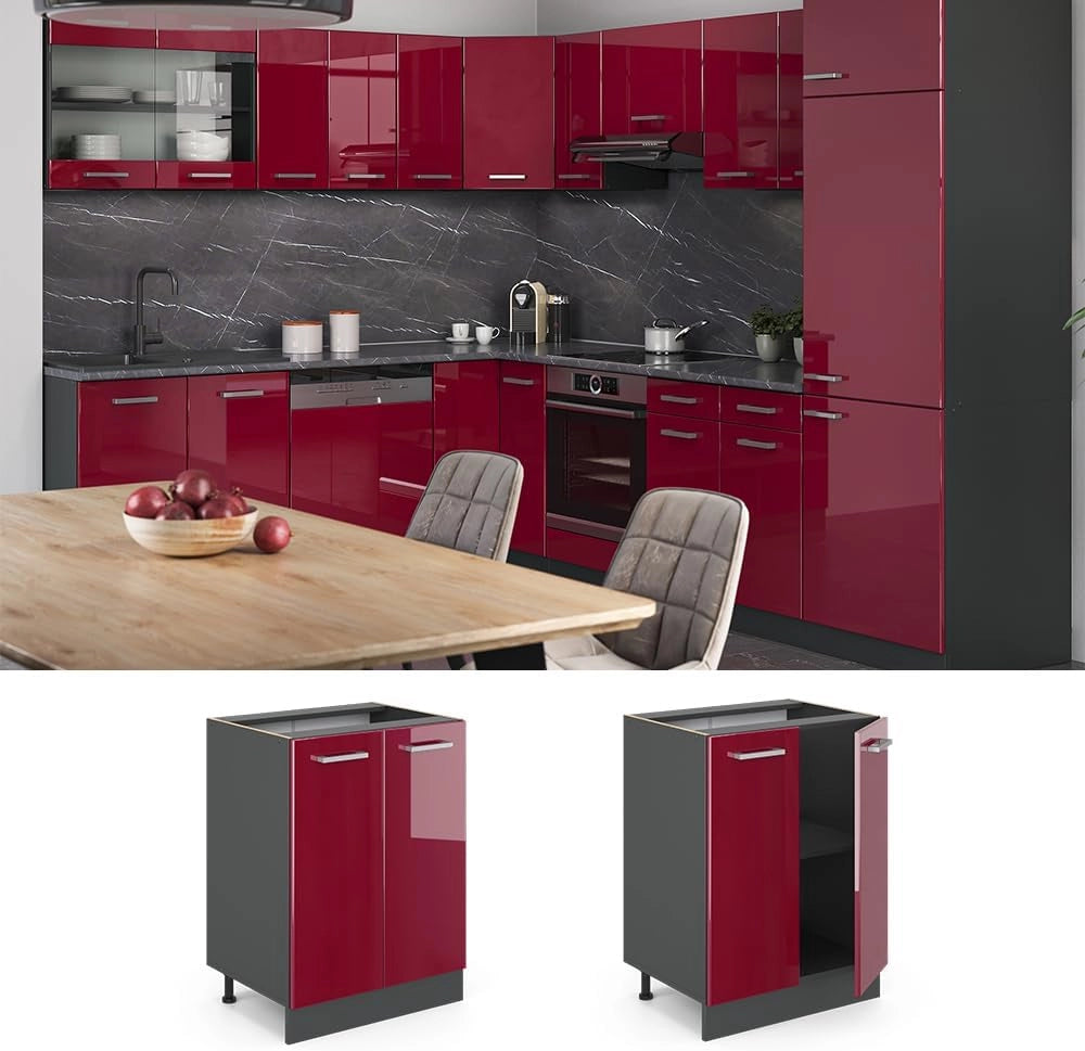 Mobiletto base cucina R-Line, Rosso lucido, 60 cm senza piano di lavoro, per la libera combinazione all'interno di sistemi cucina modulari