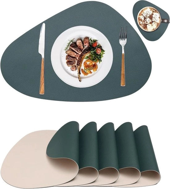 Set di 6 Tavoli di Piatto in Pelle a Cerchio e Dischetti di Piatto Lavabili e Resistenti al Calore - Verde Beige