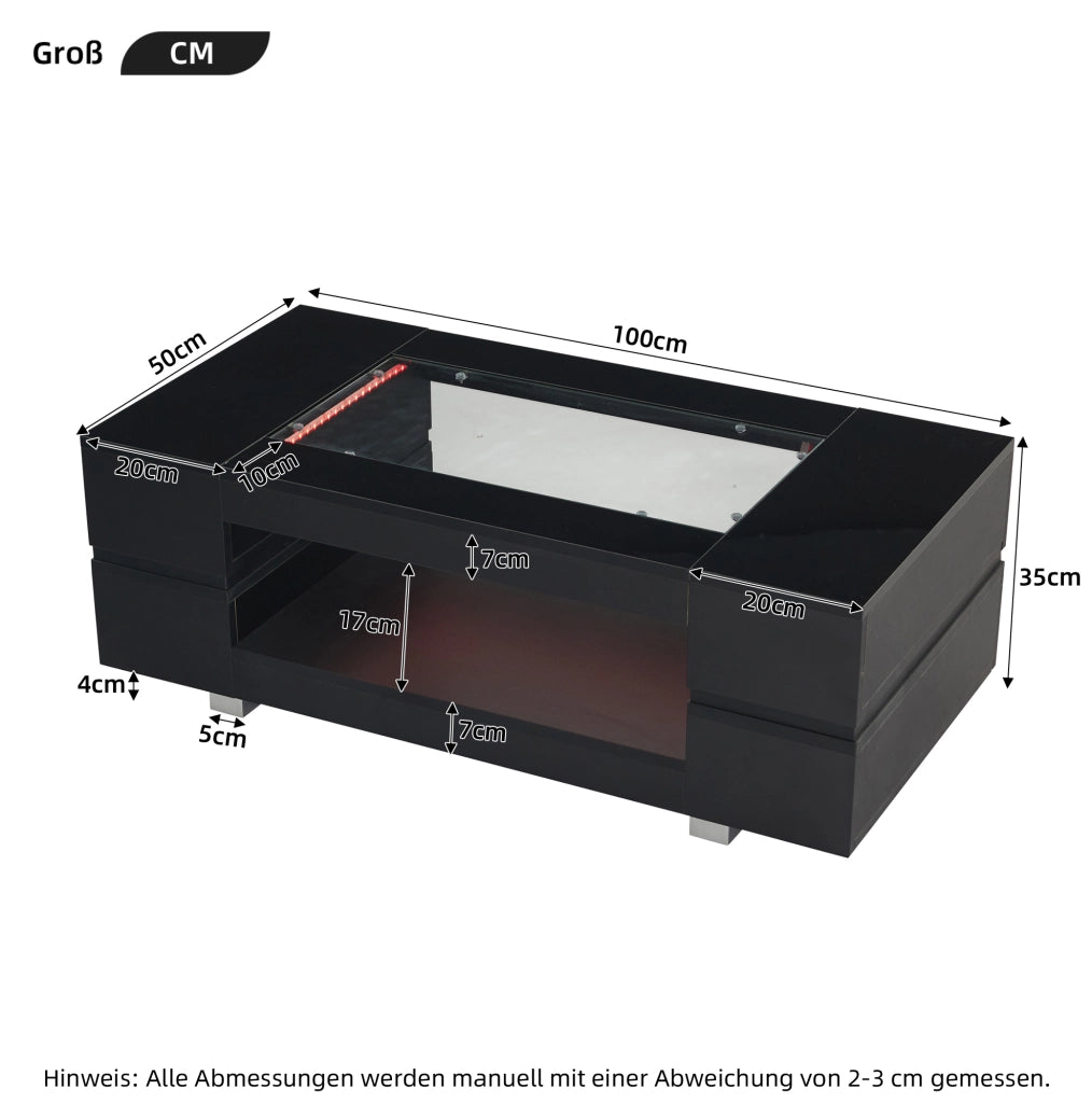 Tavolino da caffè LED nero 100x50x35 cm con app; vetro temperato e doppio ripiano