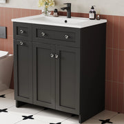 Mobile sottolavabo da bagno con lavabo in ceramica, 1 anta e 3 cassetti, finitura laccata, nero, 76 × 47 × 86 cm