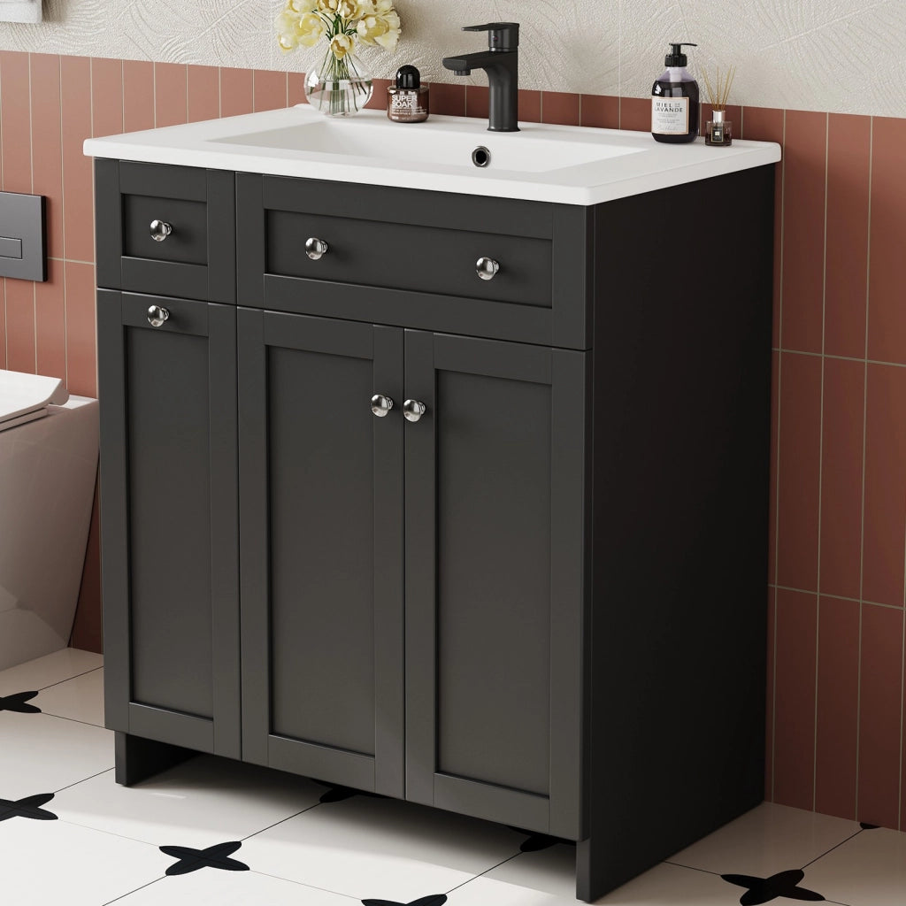 Mobile sottolavabo da bagno con lavabo in ceramica, 1 anta e 3 cassetti, finitura laccata, nero, 76 × 47 × 86 cm