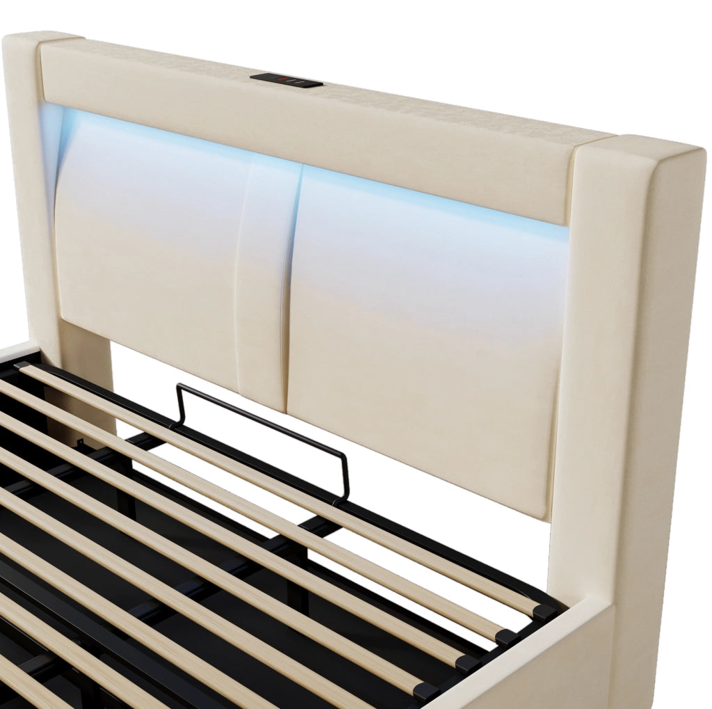 Letto matrimoniale 180x200 cm con contenitore; LED e porte USB Tipo C; velluto beige