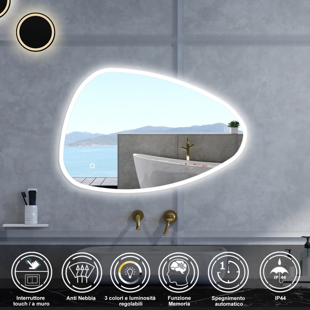Specchio da bagno Asimmetrico con 100x80cm,3 colori,Memoria, Antifog,Regorabile,Retroilluminato,doppio interruttore,