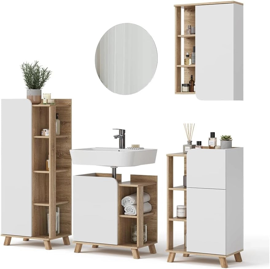 Set di mobili da bagno Karen, Sonoma/Bianco, 60 cm, composto da mobile lavabo, specchiera, armadietto, colonna e pensile