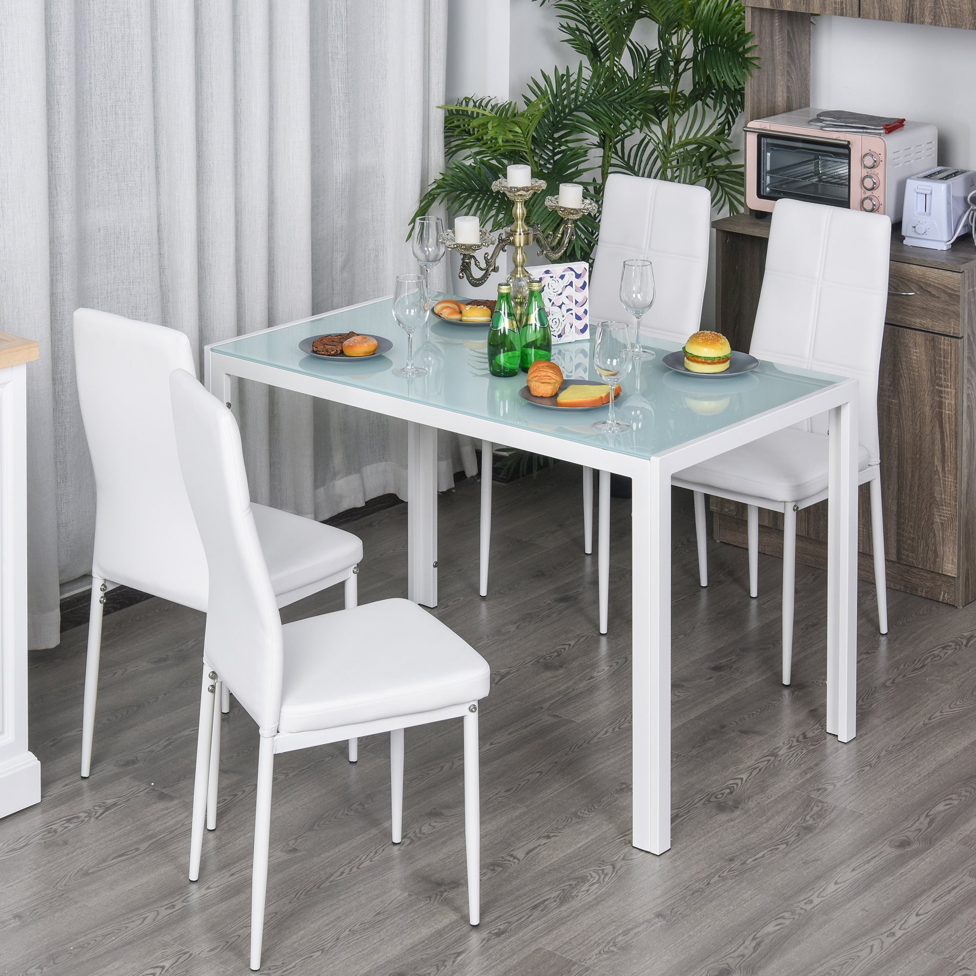 Set da Pranzo Tavolo con Piano in Vetro e 4 Sedie in Metallo e Similpelle  Bianco