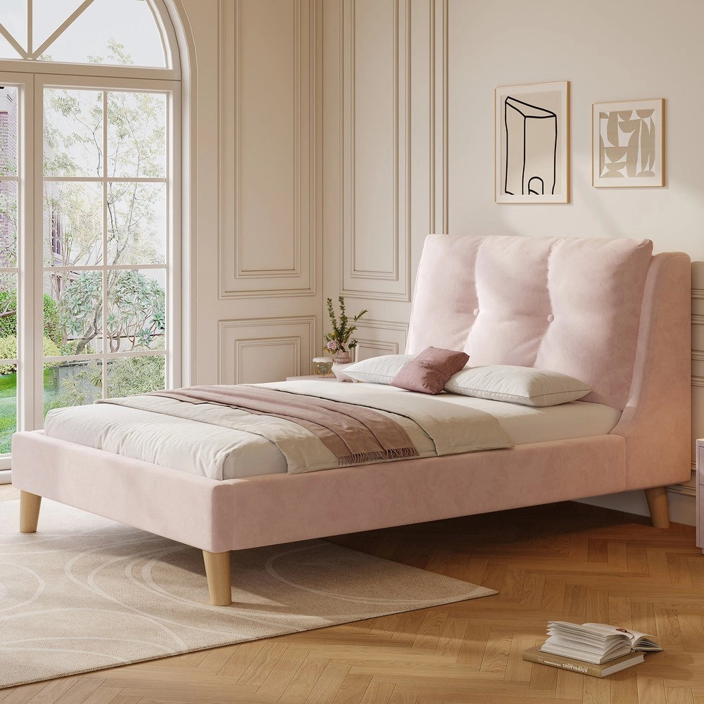 Letto Singolo Imbottito con Testiera in Velluto e Doghe ¨C MINIMAL ¨C Rosa 90x200